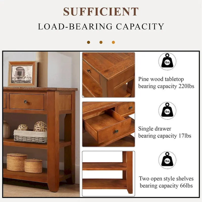 Console de 48 pouces avec plateau en pin massif et 3 tiroirs de rangement