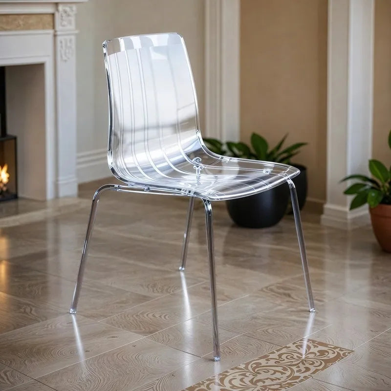 Chaise de salle à manger Ralph en plastique acrylique (lot de 4), pieds en métal chromé, chaise d'appoint moderne et transparente pour salle à manger et cuisine