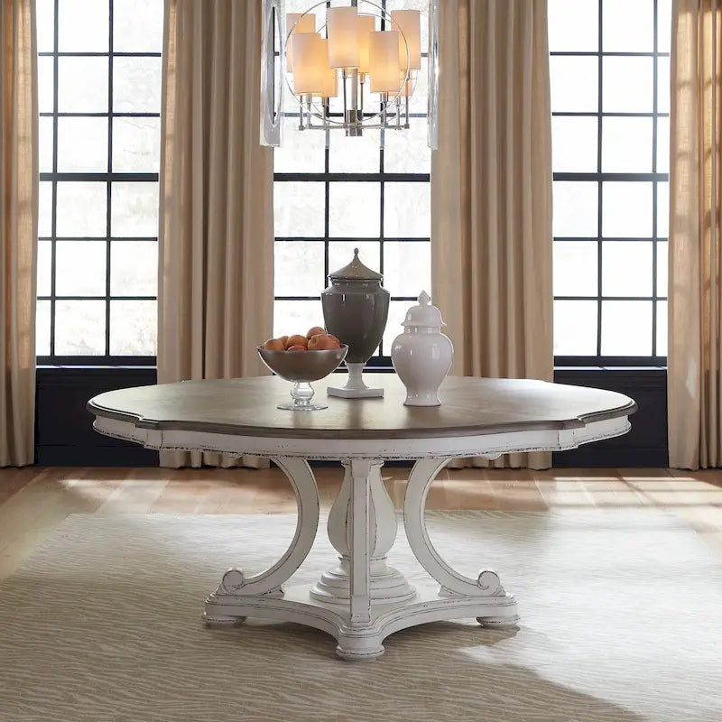 Ensemble de table ronde Magnolia Manor blanc antique et écorce patinée