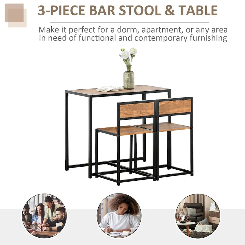 Ensemble table et chaises HOMCOM style industriel 3 pièces, idéal pour les petits espaces (salle à manger ou cuisine) - 35,5 cm (L) x 18,5 cm (l) x 30 cm (H)