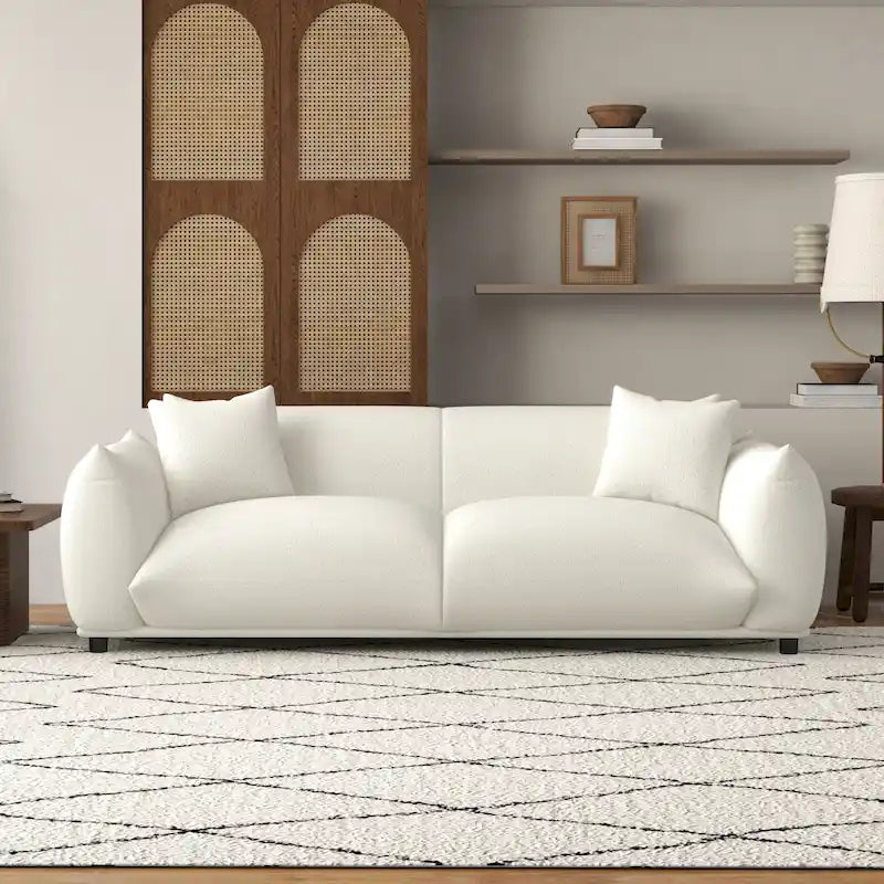 Canapé Mansan de luxe style Mid-Century Modern, dossier à coussins fermes, boucle française couleur crème