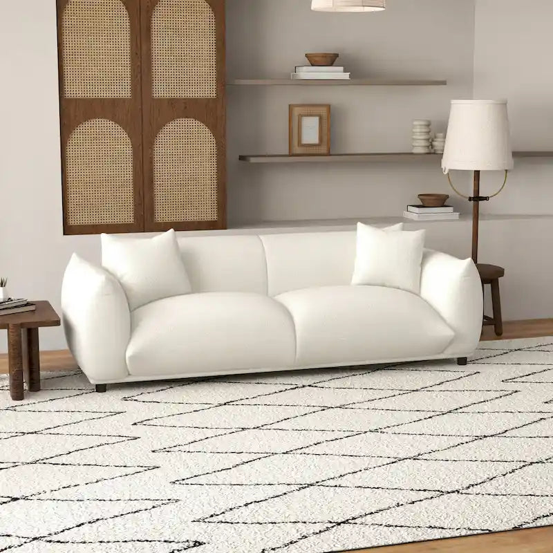 Canapé Mansan de luxe style Mid-Century Modern, dossier à coussins fermes, boucle française couleur crème