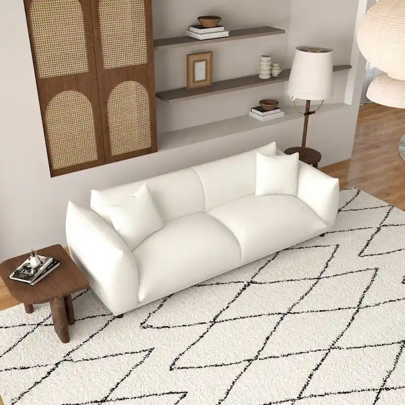 Canapé Mansan de luxe style Mid-Century Modern, dossier à coussins fermes, boucle française couleur crème