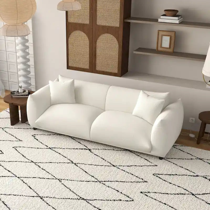 Canapé Mansan de luxe style Mid-Century Modern, dossier à coussins fermes, boucle française couleur crème