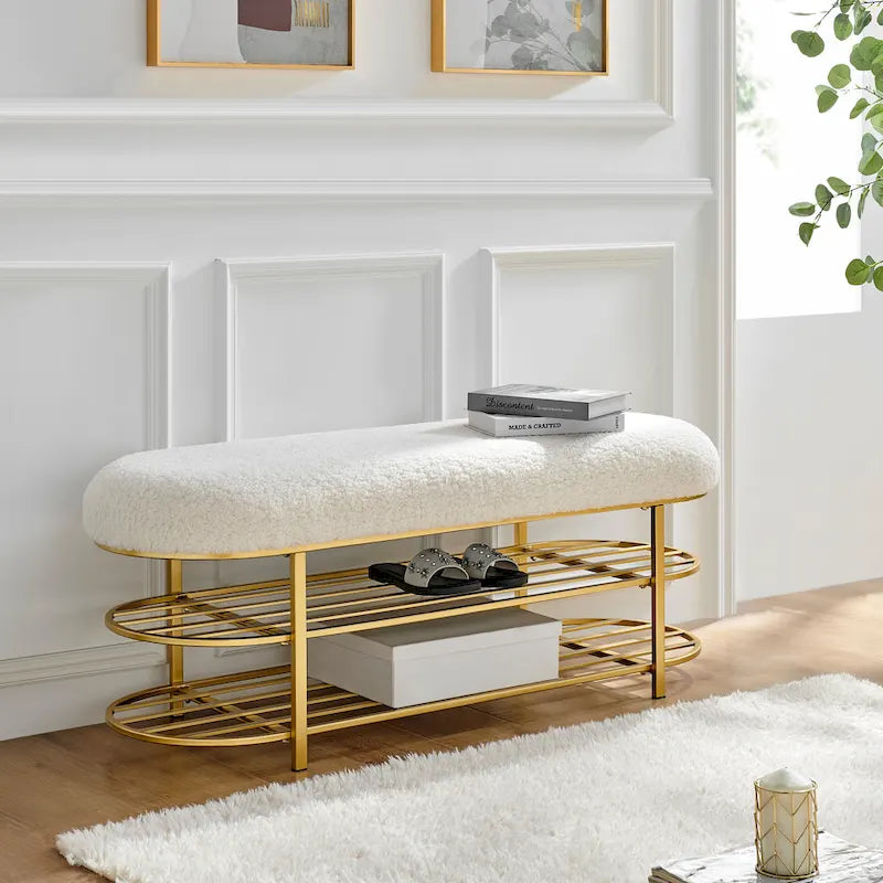 Frisly Shearling Fabric Bench w/ Shelf