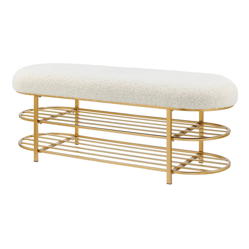 Banc Frisly en tissu de mouton retourné avec étagère