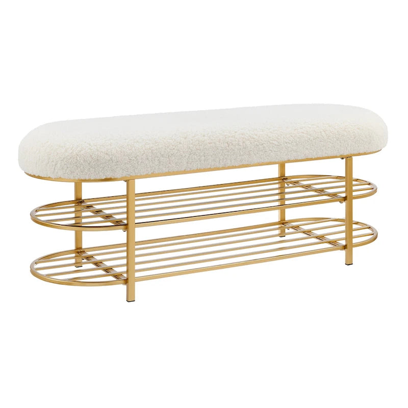 Banc Frisly en tissu de mouton retourné avec étagère