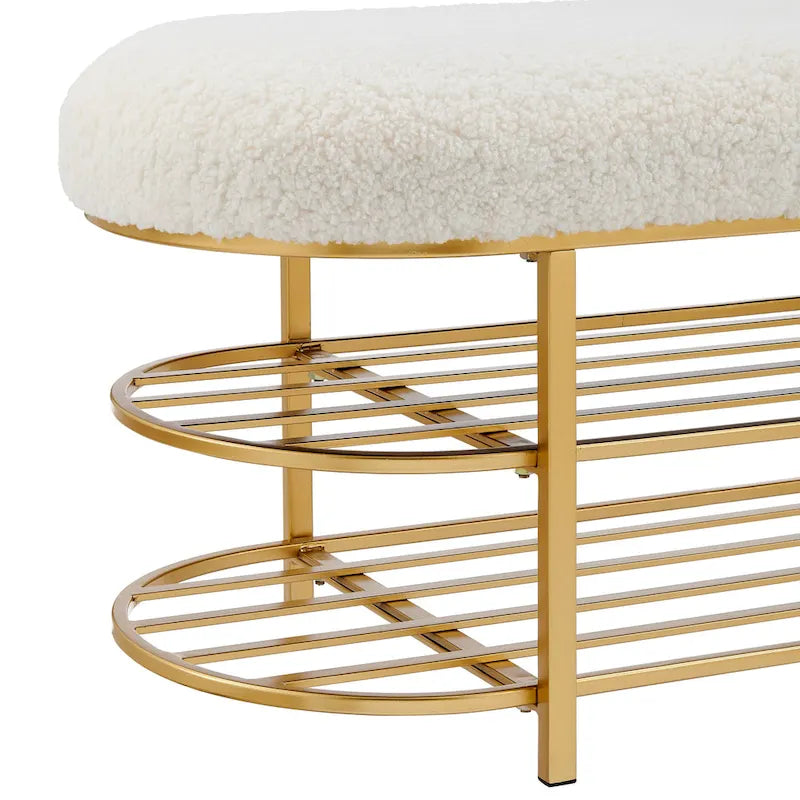 Banc Frisly en tissu de mouton retourné avec étagère