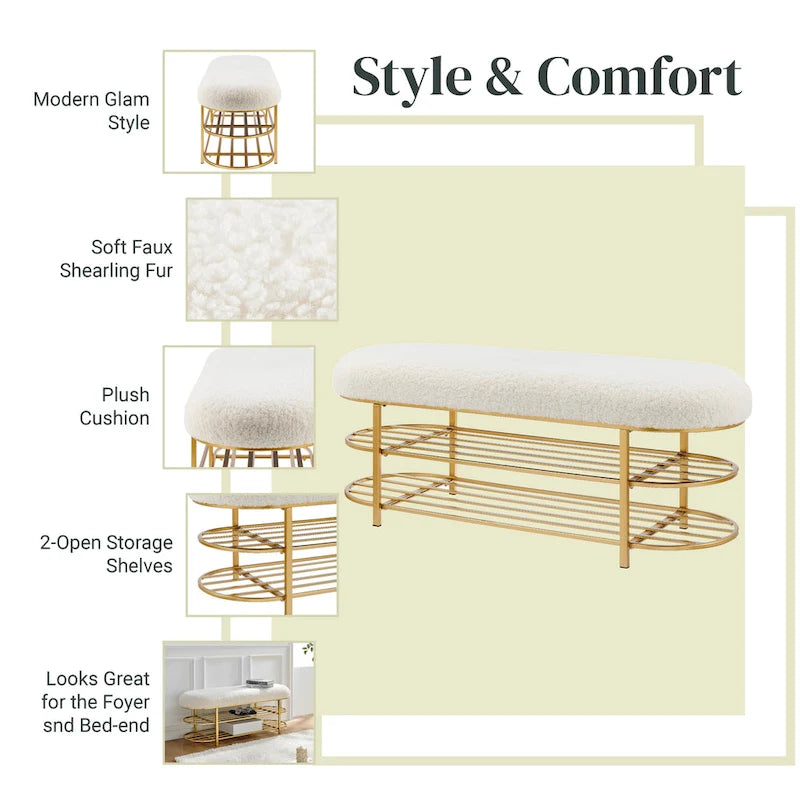 Banc Frisly en tissu de mouton retourné avec étagère