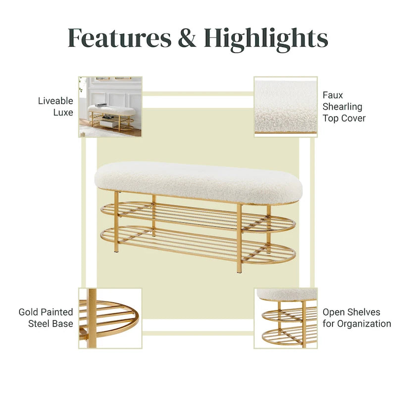 Banc Frisly en tissu de mouton retourné avec étagère