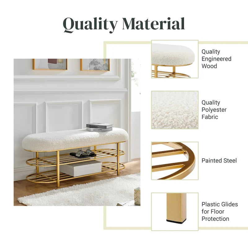 Banc Frisly en tissu de mouton retourné avec étagère