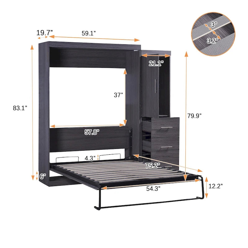 Lit escamotable mural double avec armoire et tiroirs, se replie dans un meuble