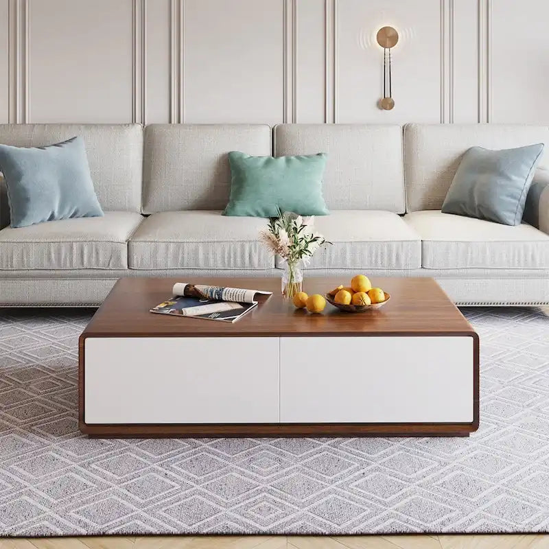 Table basse rectangulaire moderne en bois massif avec rangement, 4 tiroirs, livrée entièrement assemblée, 51 cm.