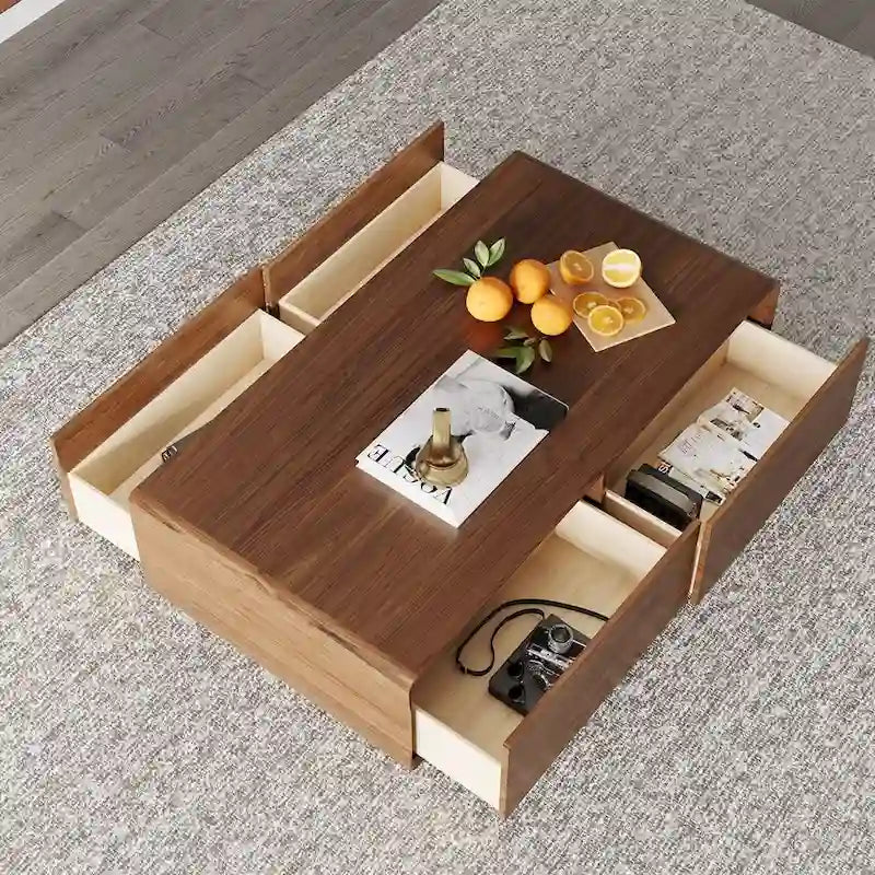 Table basse rectangulaire moderne en bois massif avec rangement, 4 tiroirs, livrée entièrement assemblée, 51 cm.