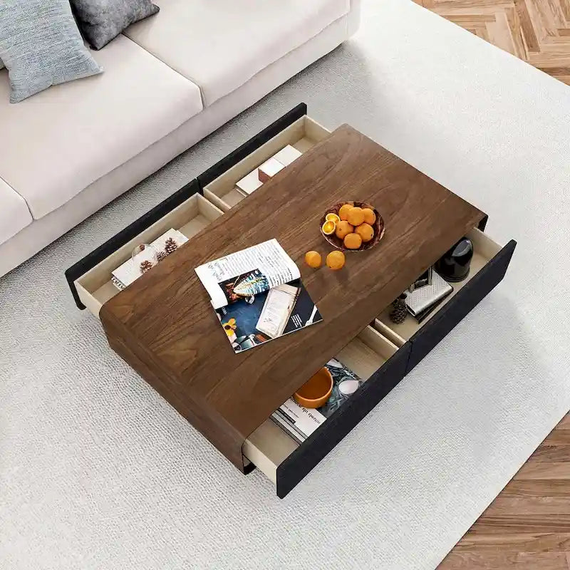 Table basse rectangulaire moderne en bois massif avec rangement, 4 tiroirs, livrée entièrement assemblée, 51 cm.