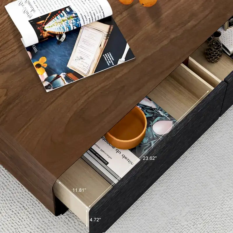 Table basse rectangulaire moderne en bois massif avec rangement, 4 tiroirs, livrée entièrement assemblée, 51 cm.