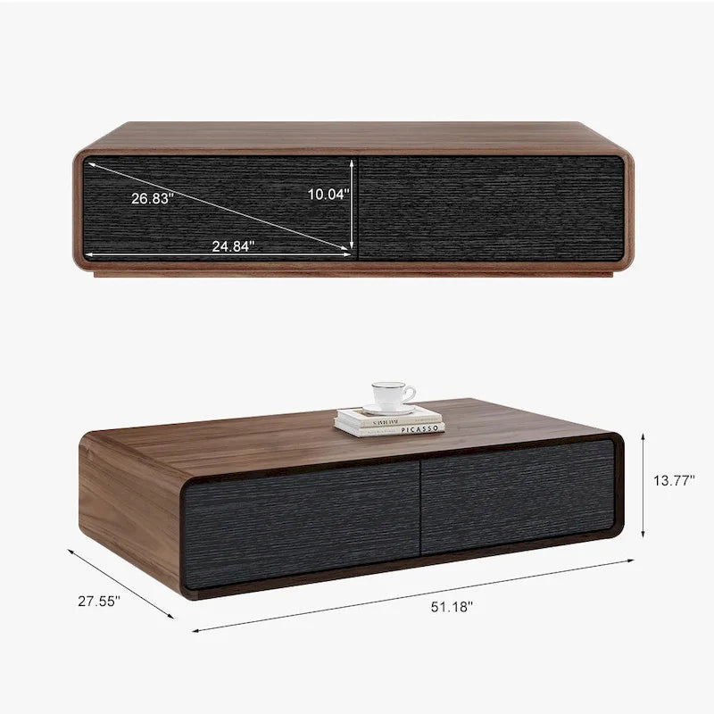 Table basse rectangulaire moderne en bois massif avec rangement, 4 tiroirs, livrée entièrement assemblée, 51 cm.