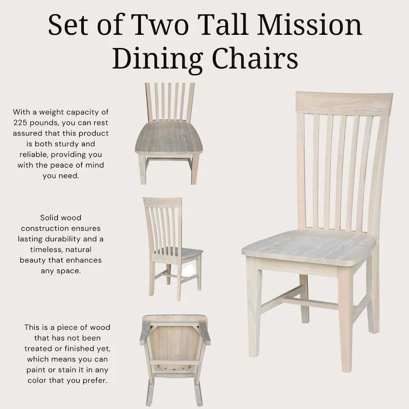 Chaises de salle à manger hautes de style Mission en bois massif, lot de 2