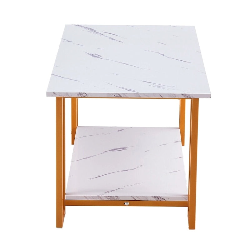 Table basse rectangulaire en MDF blanc, pieds dorés, plateau blanc, piètement en fer, idéale pour salle à manger, café ou restaurant.
