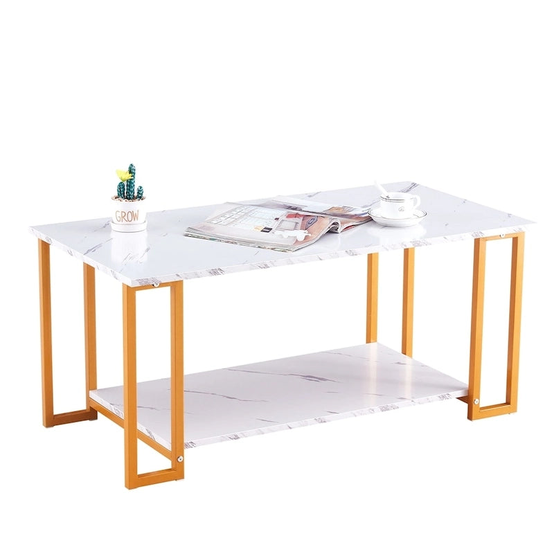 Table basse rectangulaire en MDF blanc, pieds dorés, plateau blanc, piètement en fer, idéale pour salle à manger, café ou restaurant.