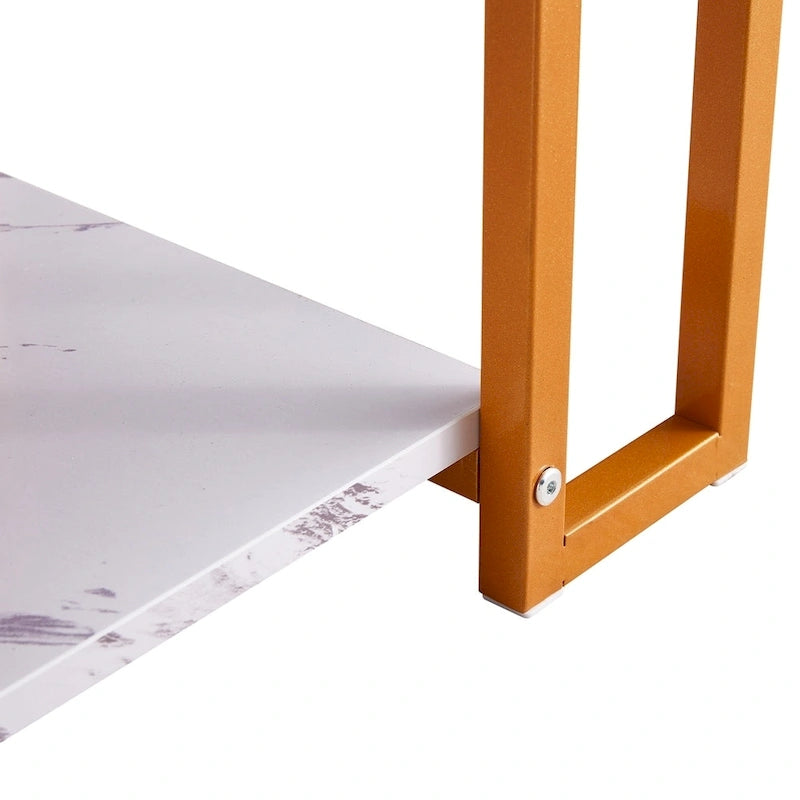 Table basse rectangulaire en MDF blanc, pieds dorés, plateau blanc, piètement en fer, idéale pour salle à manger, café ou restaurant.