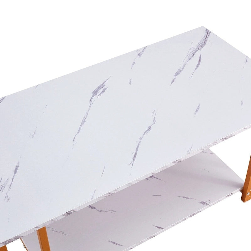 Table basse rectangulaire en MDF blanc, pieds dorés, plateau blanc, piètement en fer, idéale pour salle à manger, café ou restaurant.