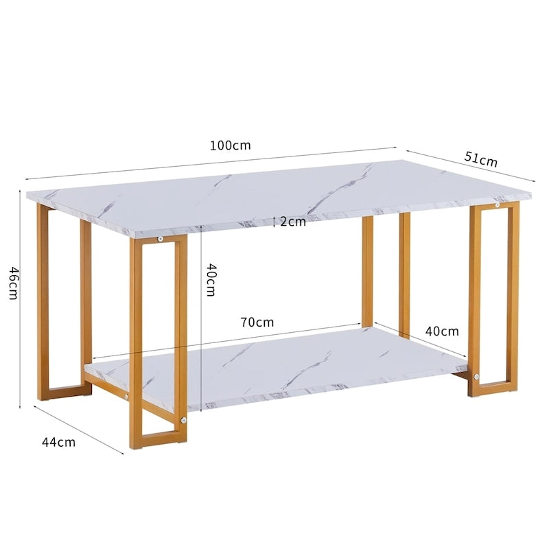 Table basse rectangulaire en MDF blanc, pieds dorés, plateau blanc, piètement en fer, idéale pour salle à manger, café ou restaurant.