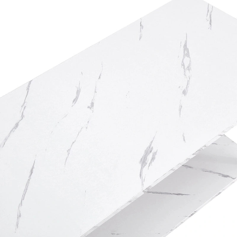 Table basse rectangulaire en MDF blanc, pieds dorés, plateau blanc, piètement en fer, idéale pour salle à manger, café ou restaurant.