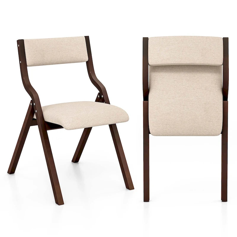 Lot de 2 chaises de salle à manger pliantes en bois, assise rembourrée en lin.