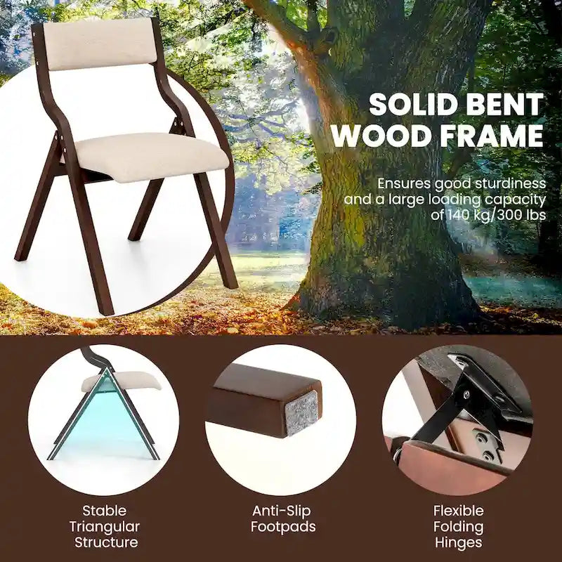 Lot de 2 chaises de salle à manger pliantes en bois, assise rembourrée en lin.