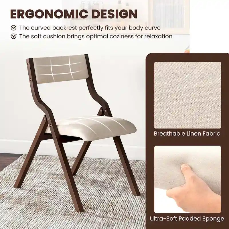 Lot de 2 chaises de salle à manger pliantes en bois, assise rembourrée en lin.
