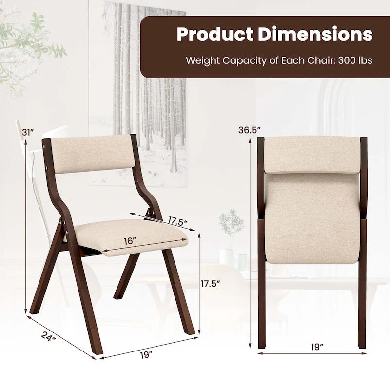 Lot de 2 chaises de salle à manger pliantes en bois, assise rembourrée en lin.