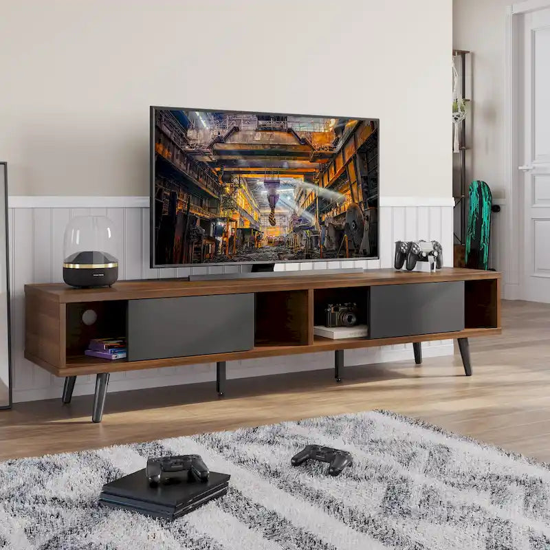 Meuble TV pour téléviseurs jusqu'à 75 pouces (178 cm) avec console multimédia en bois massif, style milieu du siècle - 70 pouces (178 cm)