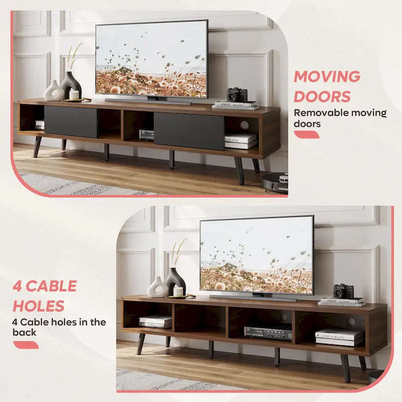 Meuble TV pour téléviseurs jusqu'à 75 pouces (178 cm) avec console multimédia en bois massif, style milieu du siècle - 70 pouces (178 cm)