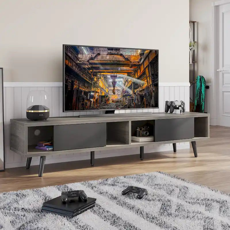 Meuble TV pour téléviseurs jusqu'à 75 pouces (178 cm) avec console multimédia en bois massif, style milieu du siècle - 70 pouces (178 cm)