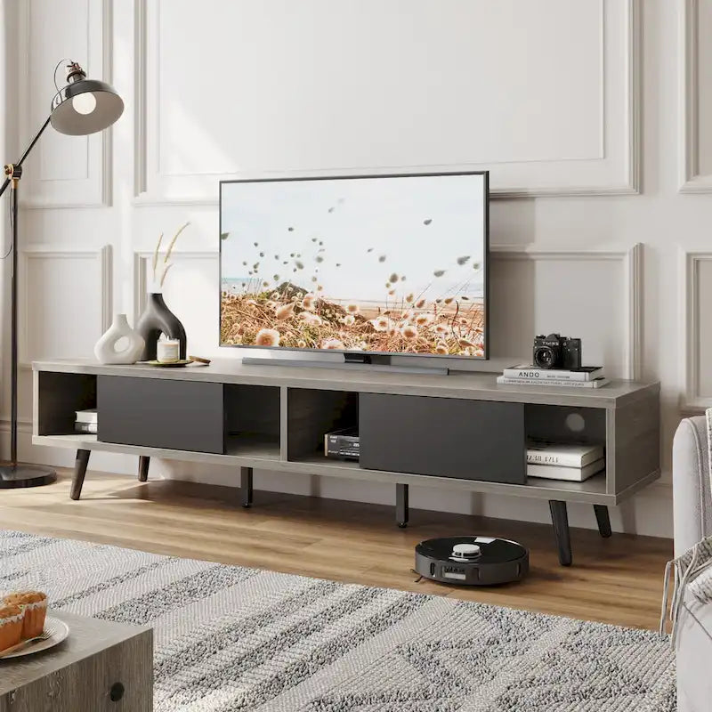 Meuble TV pour téléviseurs jusqu'à 75 pouces (178 cm) avec console multimédia en bois massif, style milieu du siècle - 70 pouces (178 cm)