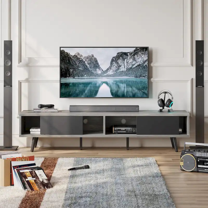 Meuble TV pour téléviseurs jusqu'à 75 pouces (178 cm) avec console multimédia en bois massif, style milieu du siècle - 70 pouces (178 cm)