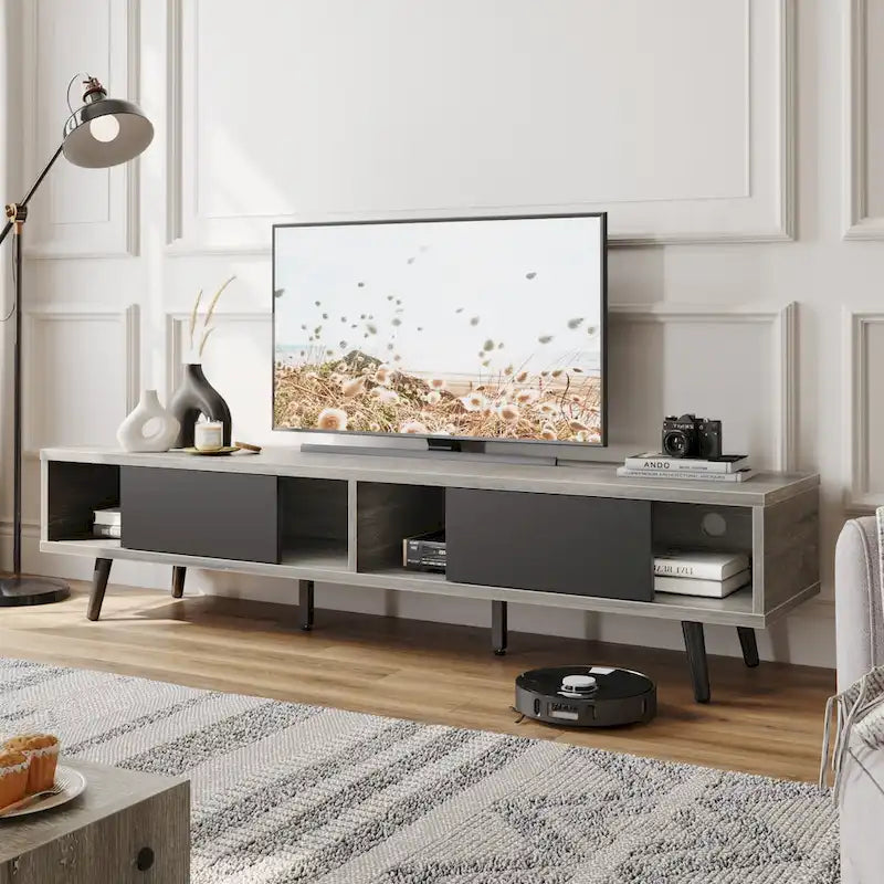 Meuble TV pour téléviseurs jusqu'à 75 pouces (178 cm) avec console multimédia en bois massif, style milieu du siècle - 70 pouces (178 cm)