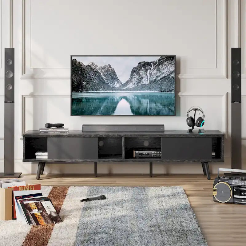 Meuble TV pour téléviseurs jusqu'à 75 pouces (178 cm) avec console multimédia en bois massif, style milieu du siècle - 70 pouces (178 cm)