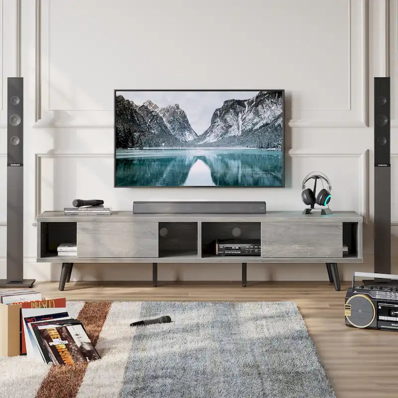 Meuble TV pour téléviseurs jusqu'à 75 pouces (178 cm) avec console multimédia en bois massif, style milieu du siècle - 70 pouces (178 cm)