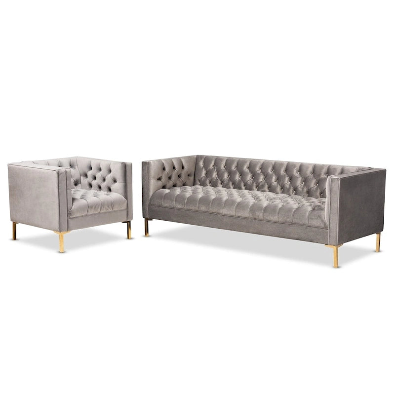Ensemble canapé et fauteuil lounge 2 pièces en velours glamour et finitions dorées