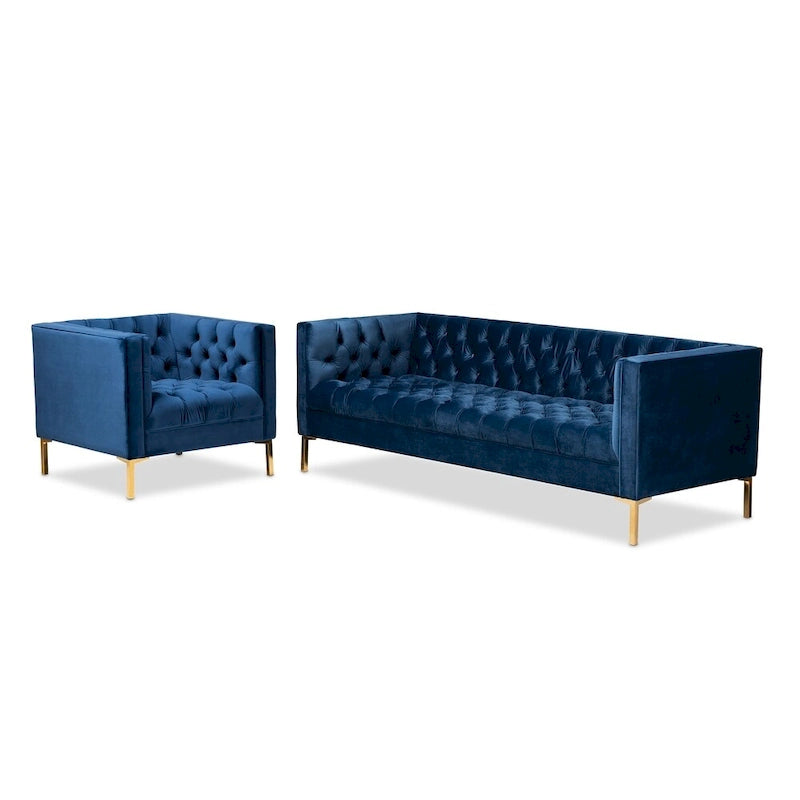 Ensemble canapé et fauteuil lounge 2 pièces en velours glamour et finitions dorées