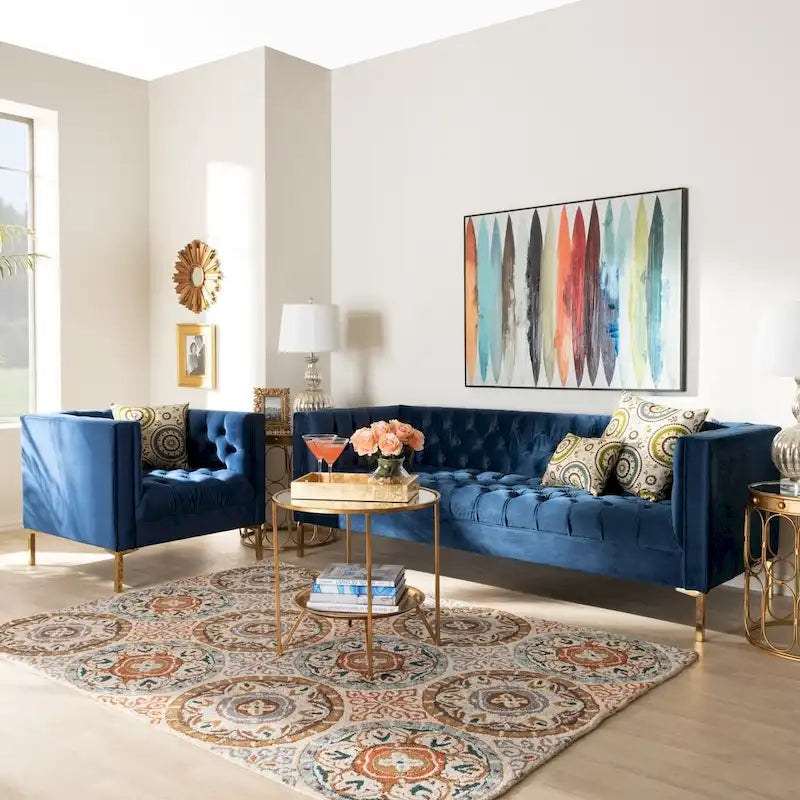 Ensemble canapé et fauteuil lounge 2 pièces en velours glamour et finitions dorées