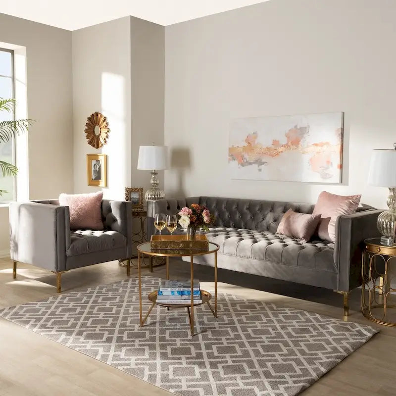 Ensemble canapé et fauteuil lounge 2 pièces en velours glamour et finitions dorées