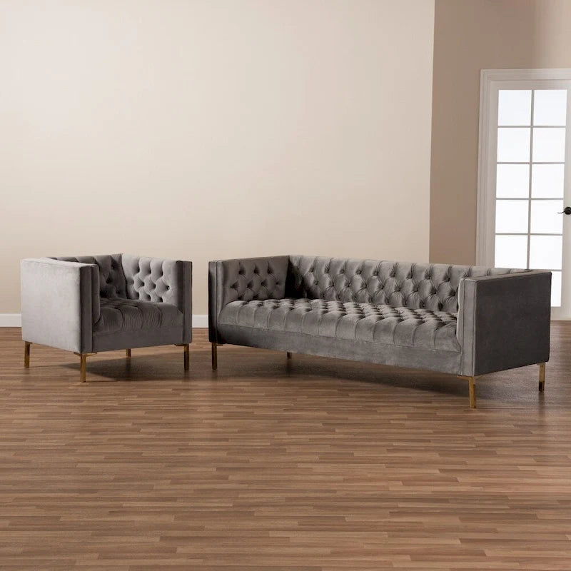 Ensemble canapé et fauteuil lounge 2 pièces en velours glamour et finitions dorées