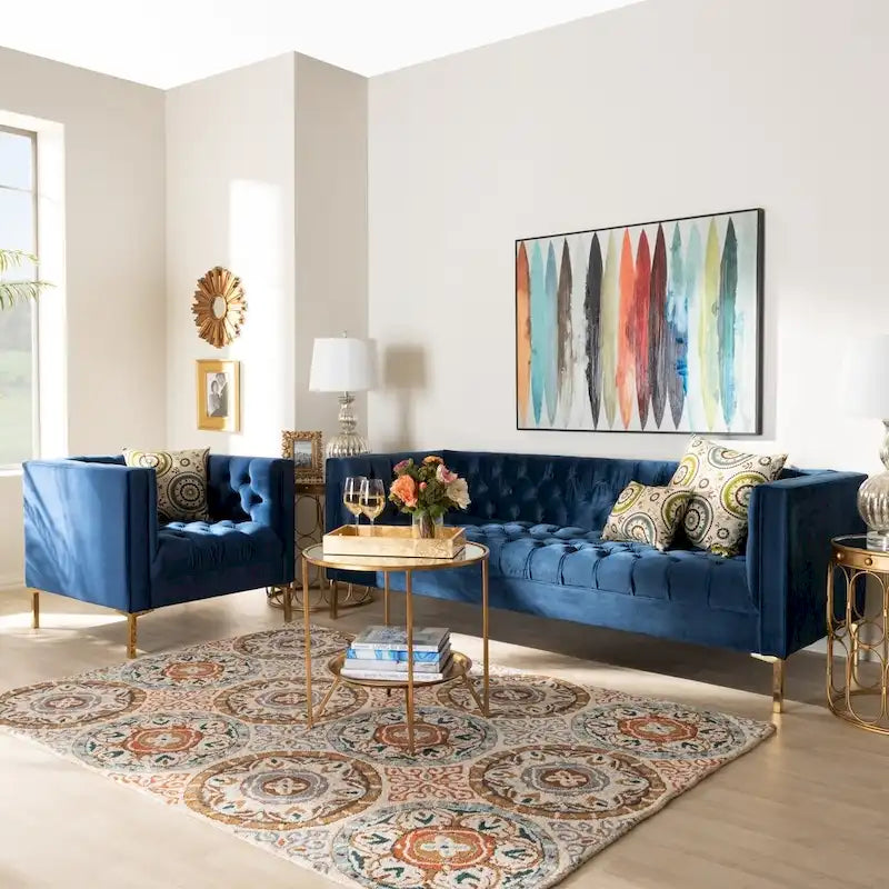 Ensemble canapé et fauteuil lounge 2 pièces en velours glamour et finitions dorées