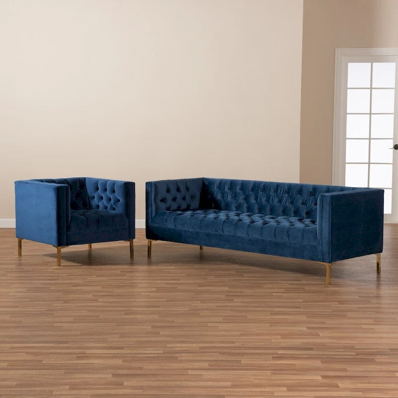 Ensemble canapé et fauteuil lounge 2 pièces en velours glamour et finitions dorées