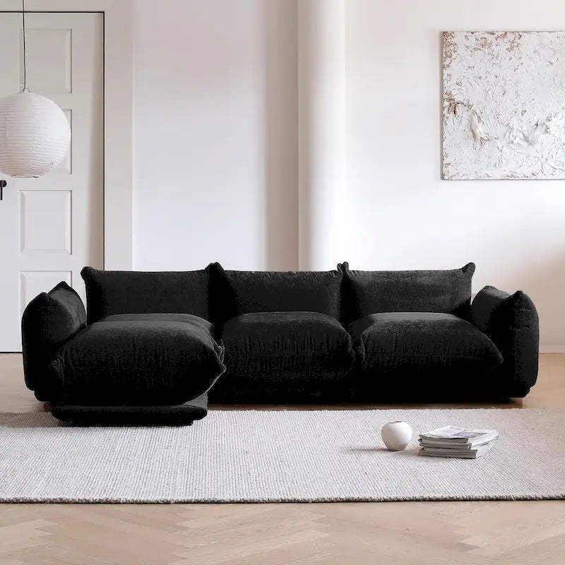 Canapé d'angle moderne en chenille noire, canapé modulable confortable avec pouf
