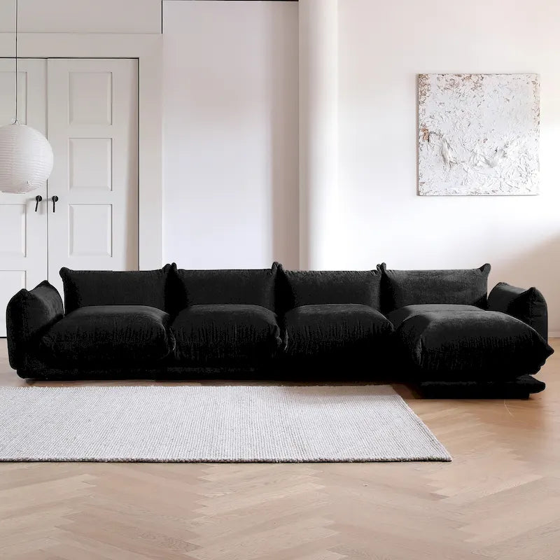 Canapé d'angle moderne en chenille noire, canapé modulable confortable avec pouf
