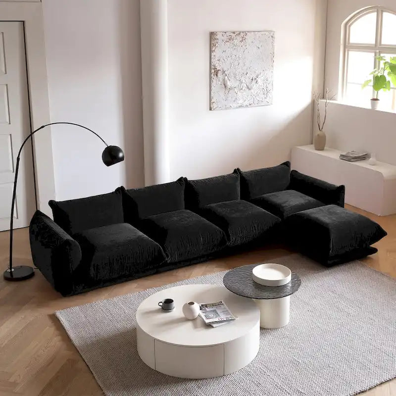 Canapé d'angle moderne en chenille noire, canapé modulable confortable avec pouf